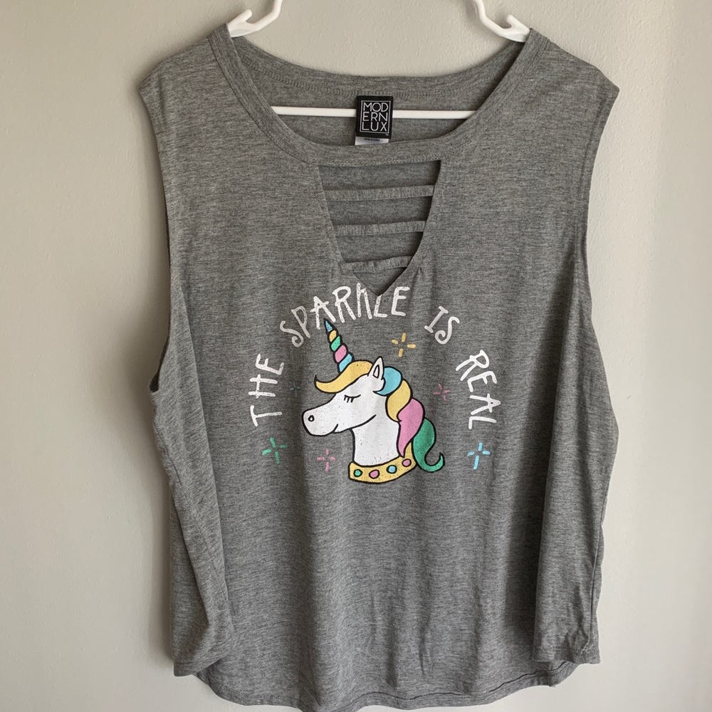 Unicorn Tank The Sparkle is Real gray muscle top